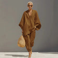 European and American Relaxation Solid Color V-neck Bat Sleeve Loose Top + Bow Leg Casual Pants Holiday Style Elegant Suit