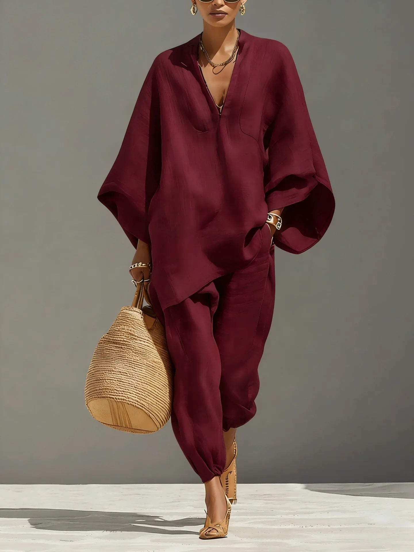 European and American Relaxation Solid Color V-neck Bat Sleeve Loose Top + Bow Leg Casual Pants Holiday Style Elegant Suit